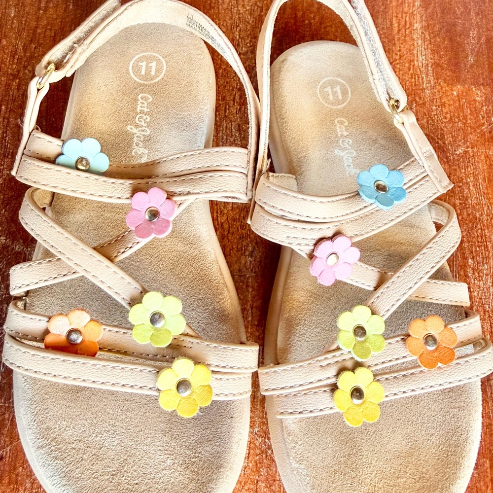 Cat & Jack Beige Sandals with Colorful Flowers  Size Toddler 11